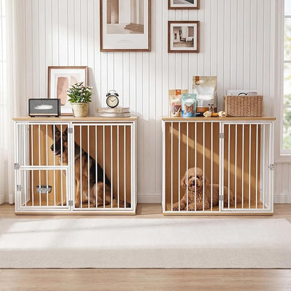 Dog Crate Furniture for 2 Dogs, Corner Heavy Duty Double Dog Kennel Furniture with Divider, Indoor Wooden Dogs Crate Large Breed (White)