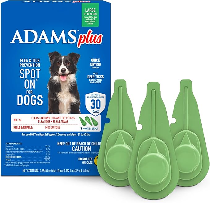ADAMS Plus Flea & Tick Prevention Spot On for Dogs, Large Dogs, Kills Fleas & Ticks (Brown Dog/Deer Ticks), Kills and Repels Mosquitoes, Prevents Flea Infestations, 3-Month Supply, 3 Pack