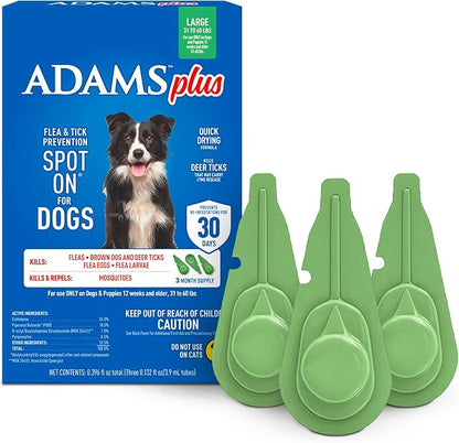 ADAMS Plus Flea & Tick Prevention Spot On for Dogs, Large Dogs, Kills Fleas & Ticks (Brown Dog/Deer Ticks), Kills and Repels Mosquitoes, Prevents Flea Infestations, 3-Month Supply, 3 Pack