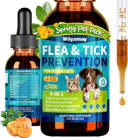 Woyamay 4-IN-1 Flea and Tick Prevention Drops for Dogs and Cats, Natural Cat & Dog Flea and Tick Treatment, Supports Flea Defense, Gut Health, Skin & Coat Nourishment, and Immune Support, Bacon Flavor