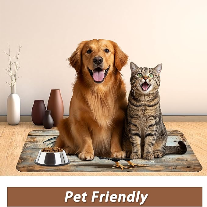 Rooster Dog Food Mat for Floors,Vintage Wood Panel Absorbent Quick-Dry Pet Feeding Mat,Cat Dog Bowl Mats for Food and Water,Non-Slip Pet Accessories Supplies 12"x20"
