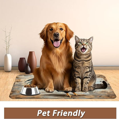Rooster Dog Food Mat for Floors,Vintage Wood Panel Absorbent Quick-Dry Pet Feeding Mat,Cat Dog Bowl Mats for Food and Water,Non-Slip Pet Accessories Supplies 16"x24"