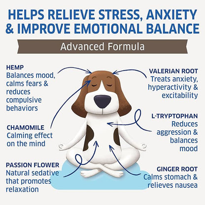 Hemp Calming Chews for Dogs - Natural Dog Anxiety Relief Treats - Separation, Stress, Barking, Thunderstorms, Lightning - 120 Treats