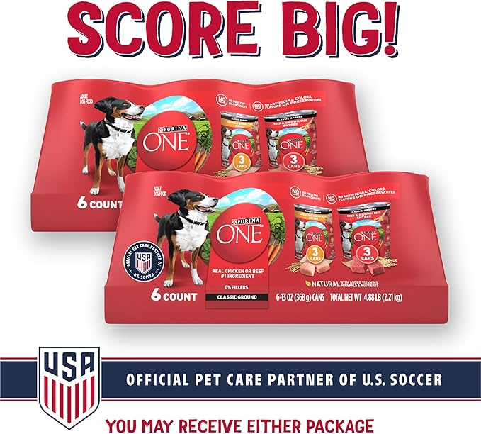 Purina ONE Classic Ground Chicken and Brown Rice, and Beef and Brown Rice Entrees Wet Dog Food Variety Pack - (Pack of 6) 13 oz. Cans