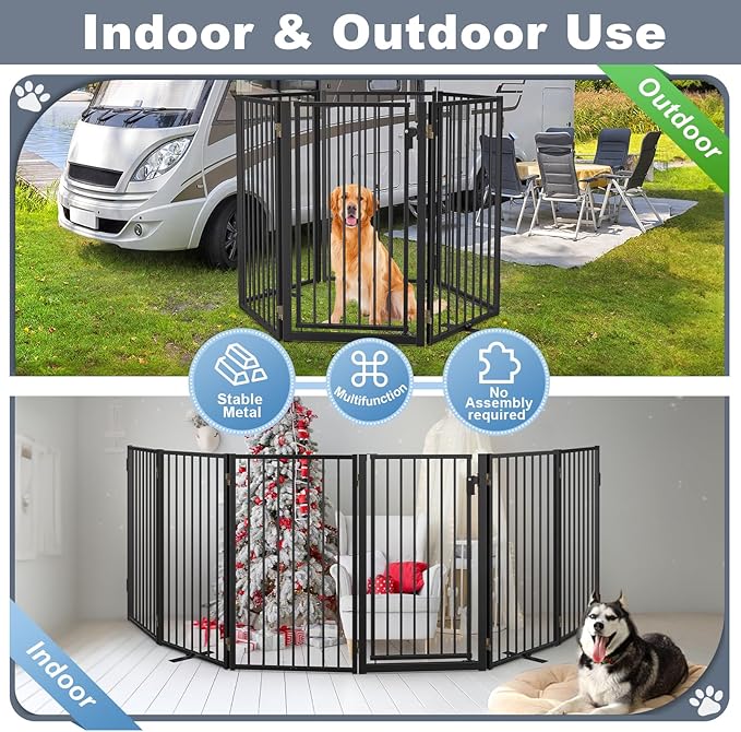 Metal Freestanding Dog Gates with Door for Outdoor Indoor,120'' Extra Wide 36'' Tall Free Standing Dog Gate for Doorways,Large Openings,Deck,Yard,Porch,Foldable Safety Pet Fence(Black,6 Panels)