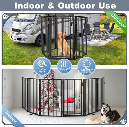 Metal Freestanding Dog Gates with Door for Outdoor Indoor,120'' Extra Wide 36'' Tall Free Standing Dog Gate for Doorways,Large Openings,Deck,Yard,Porch,Foldable Safety Pet Fence(Black,6 Panels)