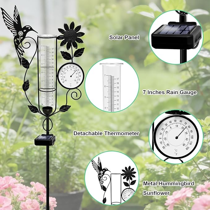 YJFWAL Hummingbird Rain Gauge Outdoor, Decorative Metal Sunflower Solar Rain Gauge with LED Light and Thermometer, Garden Decor for Yard, Lawn, Pathway, Farm