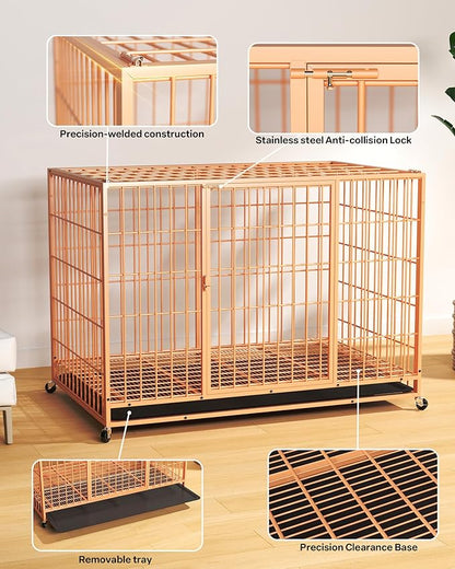 HIWOKK 48 Inch Large Dog Crate, Escape Proof Dog Cage with Dual Door Lock and Swivel Casters,Removable Tray for Easy Cleaning, Dog Kennel Indoor Outdoor Use