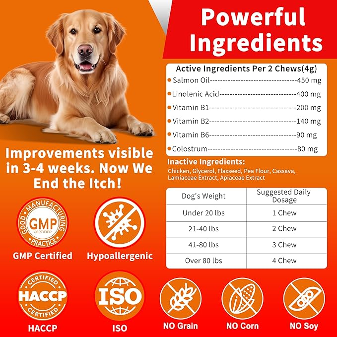 Dog Allergy & Itch Relief Chews - Salmon Oil Omega-3, Omega-6, Vitamin B1/B2/B6, Colostrum Probiotics Supplement for Seasonal Allergy, Hot Spots, Paw Licking, Scratching, 100 Soft Chews