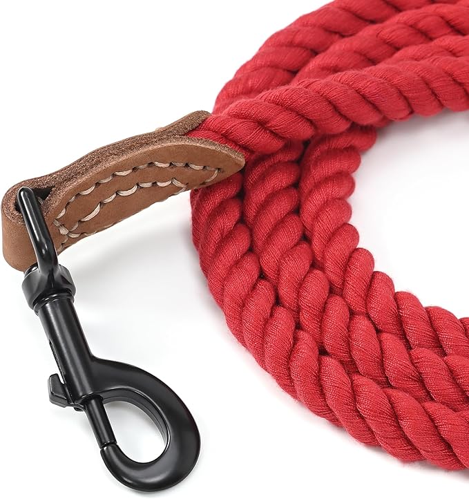 Mile High Life Braided Cotton Rope Dog Leash with Leather Tip - 6 Feet with Heavy Duty Metal Clasp - Wedding Dog Leash (Red, 72 Inches)