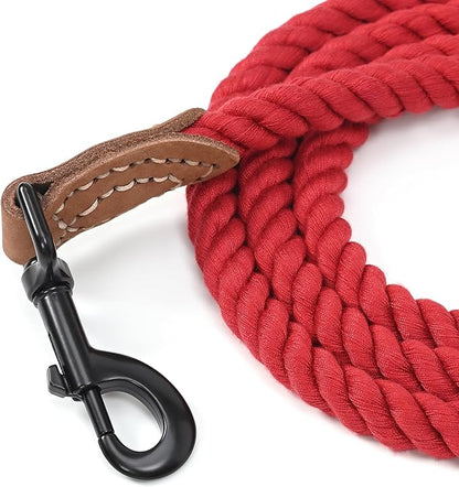 Mile High Life Braided Cotton Rope Dog Leash with Leather Tip - 6 Feet with Heavy Duty Metal Clasp - Wedding Dog Leash (Red, 72 Inches)