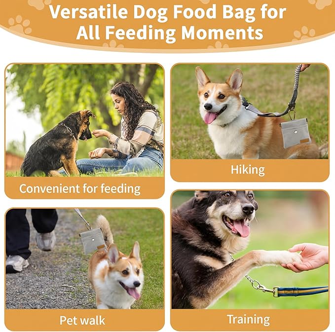 Dog Treat Pouch, Hand Free Dog Training Treat Bag with Carabiner & Magnetic Buckle, Auto Closing Dog Walking Bag for Puppy Travel or Outdoor Use, Pet Feed Snack Reward Pocket, Grey