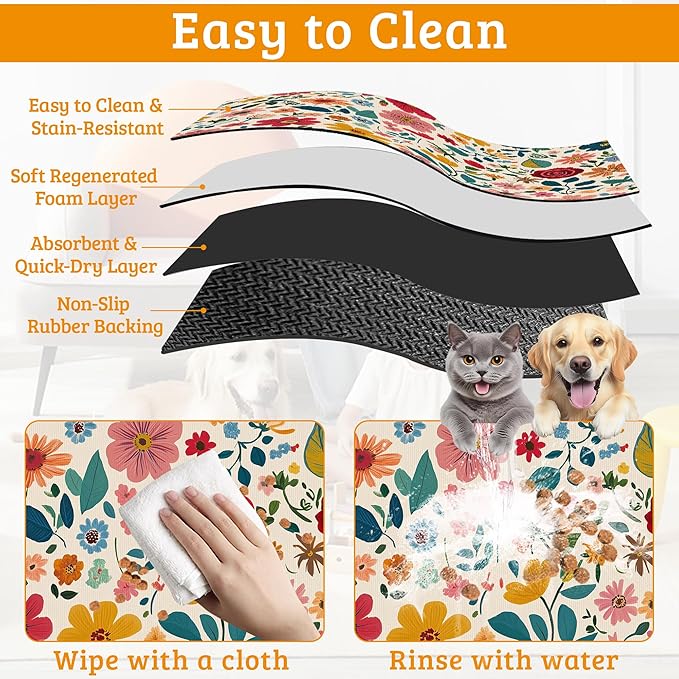 Colorful Flower Feeding Mat,Groovy Wildflowers Absorbent Quick-Dry Cat Dog Food and Water Bowl Mats,Non-Slip Rubber Backing Mat,Cat Dog Accessories Supplies 12" x 20"