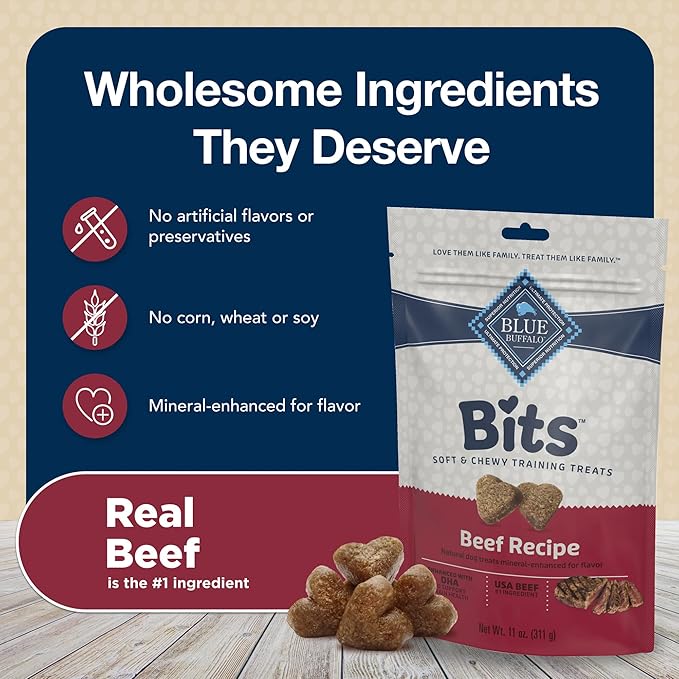 Blue Buffalo Bits Soft Dog Treats for Training,Made with Natural Ingredients & Enhanced with DHA,Beef Recipe,4-oz Bag,(Pack of 2)
