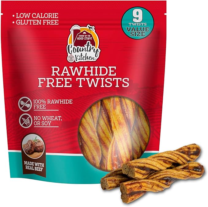 Country Kitchen Rawhide Free Beef Twists Dog Chews, Made with Real Beef, Highly Digestible, Gluten Free, 9 Count