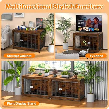 Dog Crate Furniture, Wooden Dog Crate 38in, Decorative Cage with End Table for Dog Indoor Kennel, High Anxiety Dog, Escape-Proof Locks for All Breeds