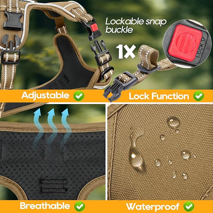 Timos Dog Harness Large Sized, No Pull Pet Harness with Neck Lockable Snap,No Choke Front Clip Dog Reflective Vest,Adjustable Metal Rings 3 Buckles,Easy Control Handle for Large Dogs Khaki L