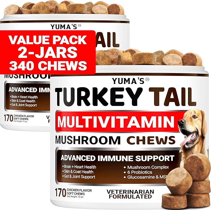 (2-Pack) Turkey Tail Mushroom for Dogs - 340 Count - Mushroom Chews for Dogs Lipoma Lumps and Bumps - Immune Health, Digestive, Skin, Joint Vitamin Support Guard Buddy - Multivitamin Supplement