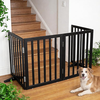 ZJSF Freestanding Indoor Dog Gate for House Foldable Wood Puppy Gate for Doorways Pet Gate for Stairs Extra Wide Pet Fence, Black, 32" Height 6 Panels