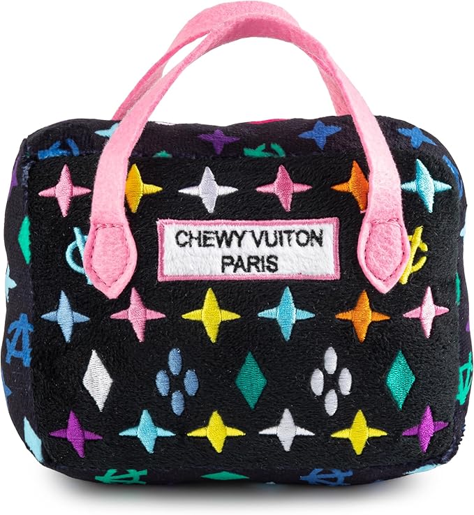 Haute Diggity Dog Chewy Vuiton Handbag Plush Squeaky Dog Toy, Soft Durable Designer-Inspired Stuffed Puppy Chew Toys for Small & Medium Dogs, Machine-Washable (Black Monogram) Large