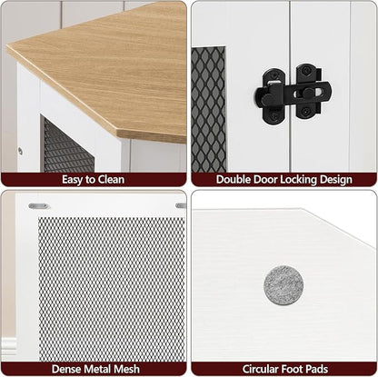 MAHANCRIS Corner Dog Crate Furniture, Wooden Dog Kennel End Table, Decorative Pet Crate Indoor Use, Furniture Style Dog House for Small Medium Dog, Dog Cage TV Stand, White and Natural DCBN0801