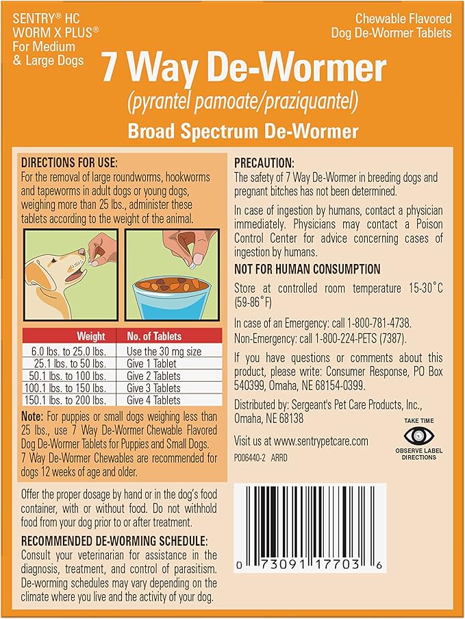 WORM X PLUS 7 Way De-Wormer Chewables for Dogs - Tablets for Medium & Large Dogs (Over 25 lbs) (pyrantel pamoate/praziquantel), 2 Count