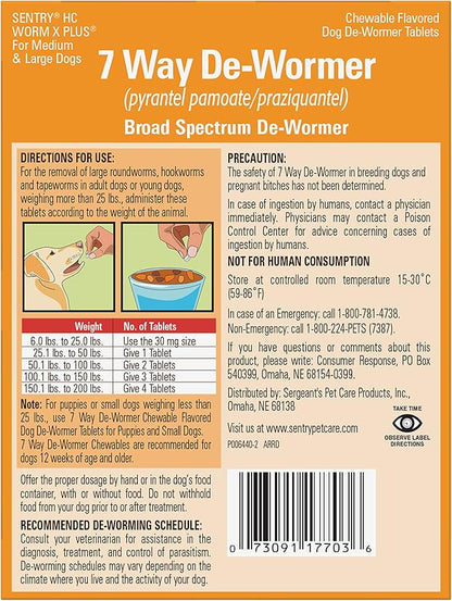 WORM X PLUS 7 Way De-Wormer Chewables for Dogs - Tablets for Medium & Large Dogs (Over 25 lbs) (pyrantel pamoate/praziquantel), 2 Count