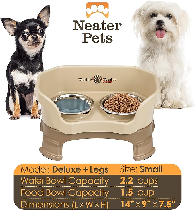 Neater Feeder Deluxe Mess-Proof Elevated Dog Bowls for Small Dogs (Up to 19 lbs), 2 Height Adjustable (6” & 7.5”) No-Spill Raised Dog Bowl Stand, Stainless Steel Food Bowl Set, Made in USA, Cappuccino