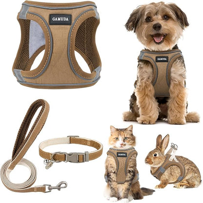 GAMUDA Small Pet Harness Collar and Leash Set, Step in No Chock No Pull Linen Fabric Soft Mesh Dog Vest Harnesses Reflective for Dogs Puppy Cats Kitten Rabbit (Brown, L)
