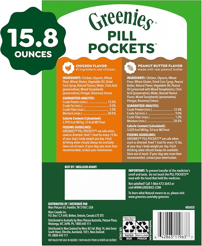Greenies Pill Pockets for Dogs Large Size, Dog Treat Pouch for Capsule Medication, Variety Pack, 7.9 oz. Pouch