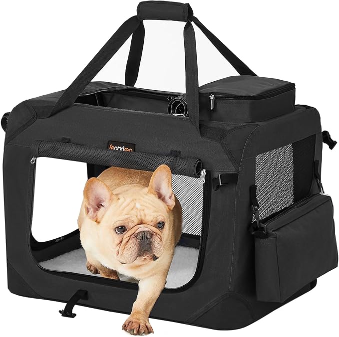 Feandrea 24 Inches Collapsible Soft Dog Crate, Portable Travel Dog Crate for Indoor and Outdoor Use, Dog Carrier Kennel with Safety Zippers, for Living Room, Car, Travelling, Camping, Black UPDC60H