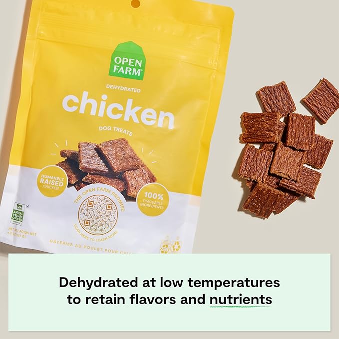 Open Farm, Dehydrated Dog Treats, High Protein & Low Carbohydrate Dog Snacks, Chewy Texture, Made with Ethically & Sustainably Sourced Ingredients, Chicken Recipe, 4.5oz Pouch