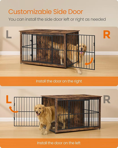 Feandrea Wooden Dog Crate Furniture, 48 Inches Heavy-Duty Kennel for Dogs up to 110 lb, with Double Doors and Enclosed Wood Base, Modern Pet Cage End Table Indoor, Rustic Brown