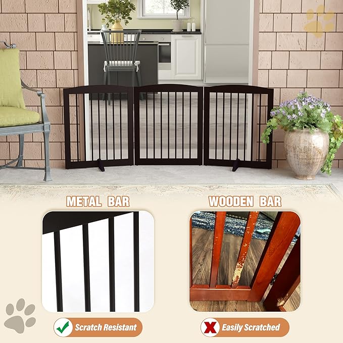 PUPETPO Freestanding Pet Gate for Dogs, Foldable Wooden Dog Gate for House, Indoor Dog Gate for Doorways, Stairs, Gates for Dogs Indoor, Support Feet Included, 24" Height 3 Panels, Brown