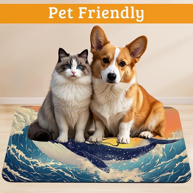 Dog Bowl Mat,Cat Shark Pet Feeding Mat for Floors Waterproof,Ocean Wave Absorbent Dogs Placemat for Food and Water Quick Dry Pet Cat Feeding Mats with Non Slip Bottom 16" x 24"