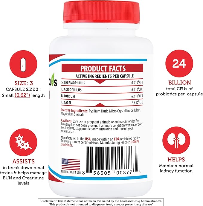Azovast Plus Kidney Probiotic Supplement for Dogs Cats -24 Billion CFU- NO Refrigeration Required, Help Support Kidney Function, CKD, Manage Renal Toxins, Renal Kidney Support for Pet(U.S.A)(120 Caps)
