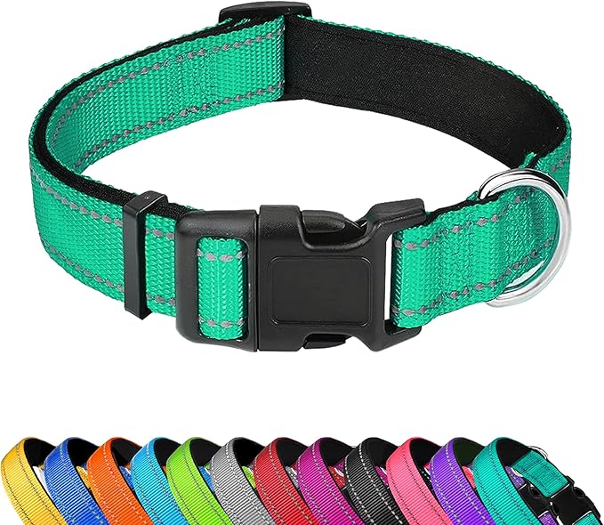 Reflective Dog Collar, Adjustable Soft Neoprene Padded Nylon Pet Collars with Buckle for Medium Dogs, Grass Green,M