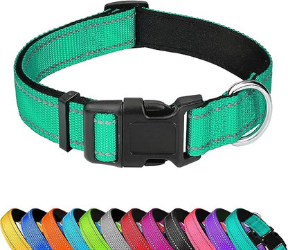 Reflective Dog Collar, Adjustable Soft Neoprene Padded Nylon Pet Collars with Buckle for Small Dogs, Grass Green,S