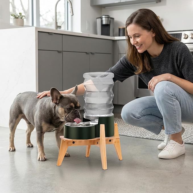 Dog Water Bowl Dispenser Stand for Medium Breeds - Elevated Raised Automatic Dog Food Feeder Holder - Adjustable Fit - Durable Bamboo