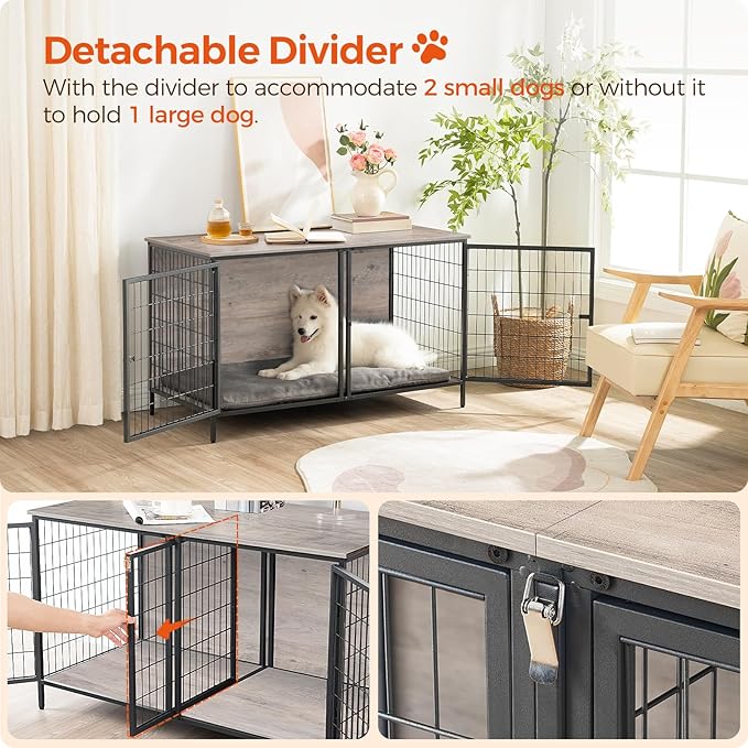 MAHANCRIS Dog Crate Furniture for 2 Dogs, 43.3" Dog Kennel with Removable Divider, Heavy Sturdy Dog Furniture Style Double Cage for Small Medium Dog, Indoor Pet House End Table, Greige DCHG1201