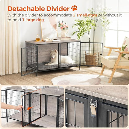 MAHANCRIS Dog Crate Furniture for 2 Dogs, 43.3" Dog Kennel with Removable Divider, Heavy Sturdy Dog Furniture Style Double Cage for Small Medium Dog, Indoor Pet House End Table, Greige DCHG1201