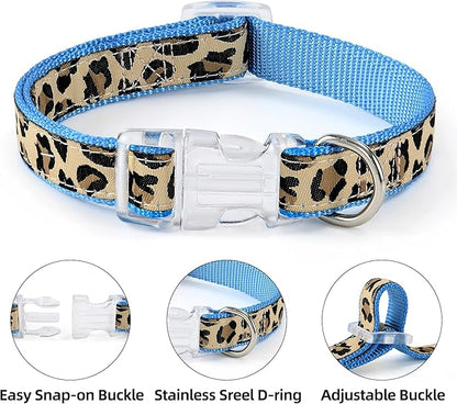 Mile High Life Leopard Dog Harness Collar Leash Set, Adjustable No Pull Dog Halter Harness for Small Breed Dogs, Easy Control for Training Walking (Blue, M Chest 15"-21", Neck 13"-17")