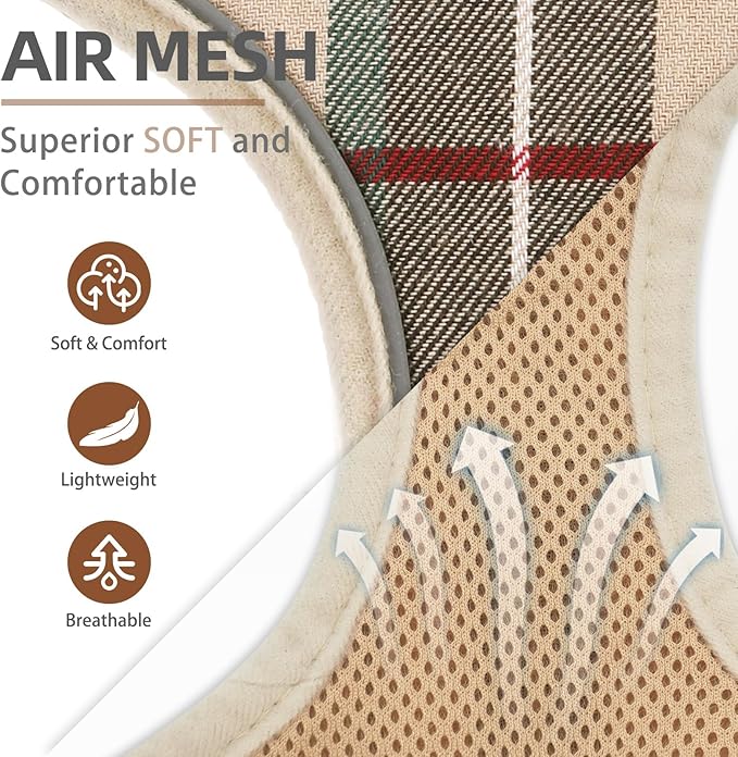 PUPTECK Soft Mesh Dog Harness Small Sized and Leash Set Pet Puppy Cat Comfort Padded Vest No Pull Harnesses, Beige Plaid, Openable Neck, New XS