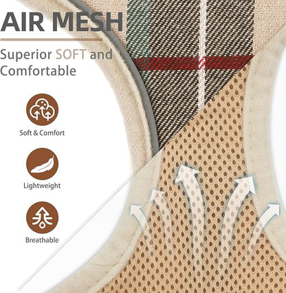 PUPTECK Soft Mesh Dog Harness Small Sized and Leash Set Pet Puppy Cat Comfort Padded Vest No Pull Harnesses, Beige Plaid, Openable Neck, New S