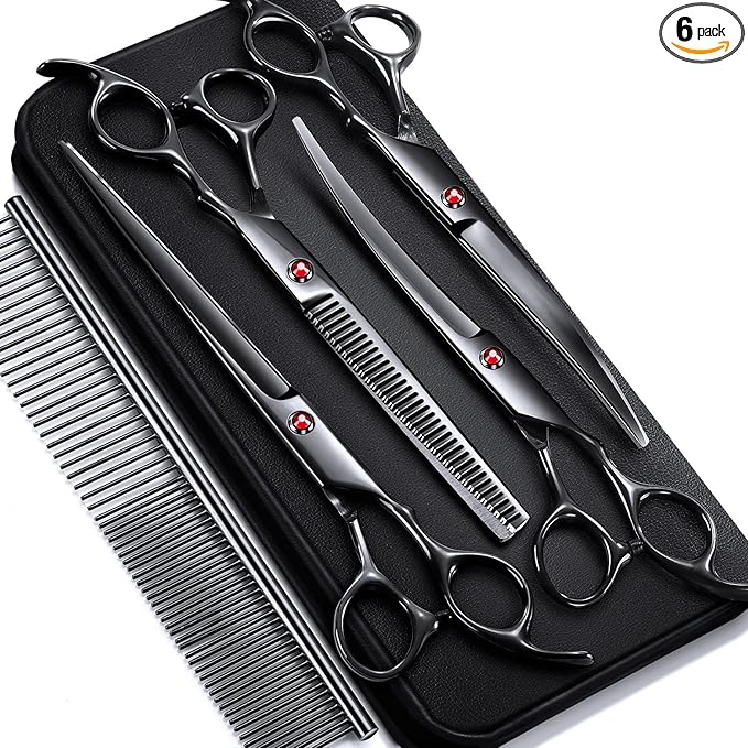 Gimars 7.0in Professional 4CR Stainless Steel Safety Round Tip 6 in 1 Dog Grooming Scissors Heavy Duty Titanium Coated Pet Grooming Scissor for Dogs, Cats and Other Animals