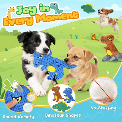 KIPRITII Dinosaur No-Stuffing Dog Squeaky Toys to Keep Dogs Busy, 3-Pack Puppy Toys for Interactive Play & Boredom Relief