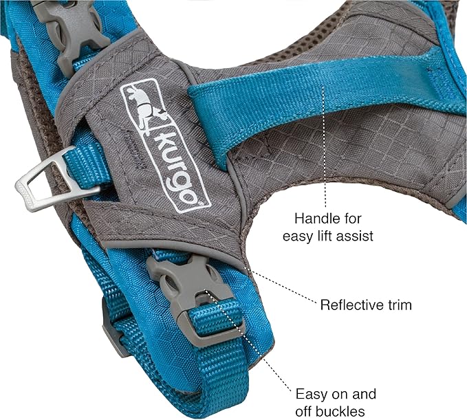 Kurgo Journey Air Dog Harness - Secure Fit for Active Dogs - Padded Chest - Lightweight Ripstop Fabric - Breathable Mesh - Reflective Trim - Back Assist Handle - Blue - Medium