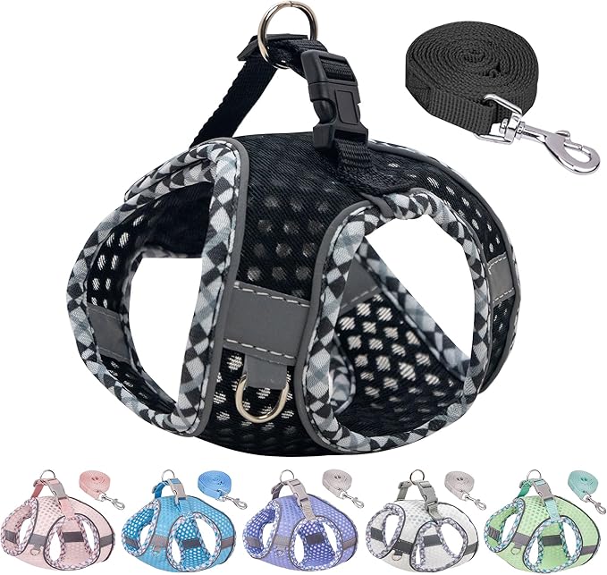 Summer Soft Dog Harness and Leash Set,Ultra Thin Breathable Diamond Mesh, Step in Adjustable Dog Harness with Padded Vest for Medium Size Dogs in Hot Weather Black L
