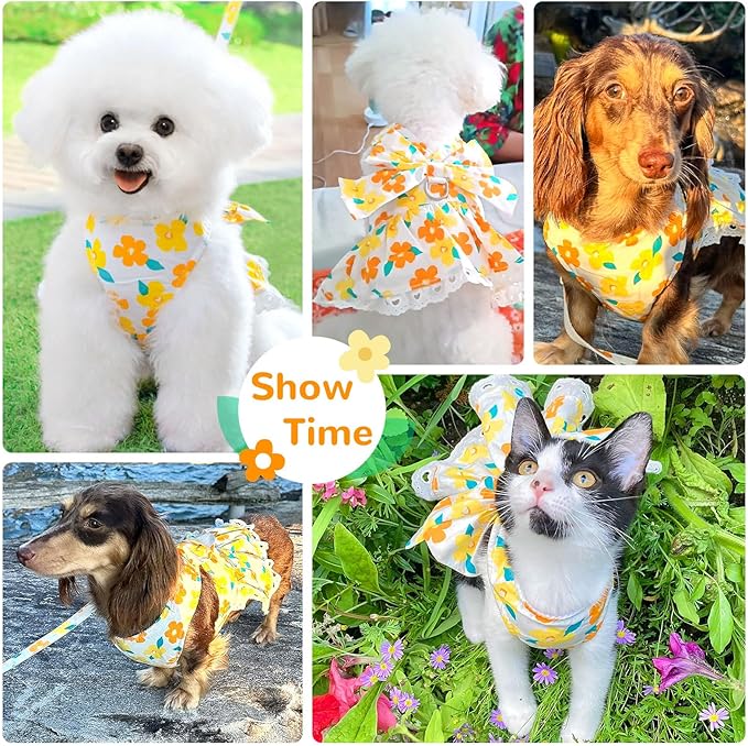 ABRRLO Dog Harness Dress Leash Set for Small Dog Summer Clothes Girl Female Puppy Cats Outfits Cute Floral Bowknot Princess Birthday Dress for Extra Small Pet Doggie Kitten Outfits Apparel(Yellow,L)