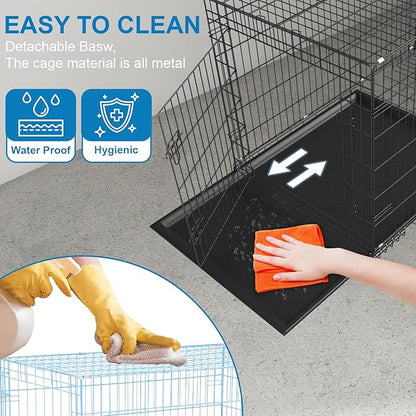 42 Inch Large Dog Crate Dog Kennel Pet Cage Metal Wire Crates Pet Cages Double-Door Folding Kennels with Handle Leak-Proof Pan Tray,Blue
